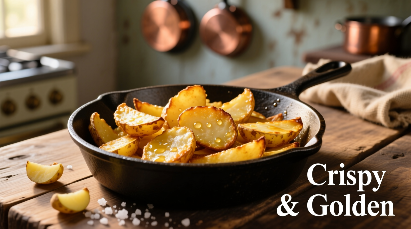 Golden crispy hash brown potatoes in cast iron skillet