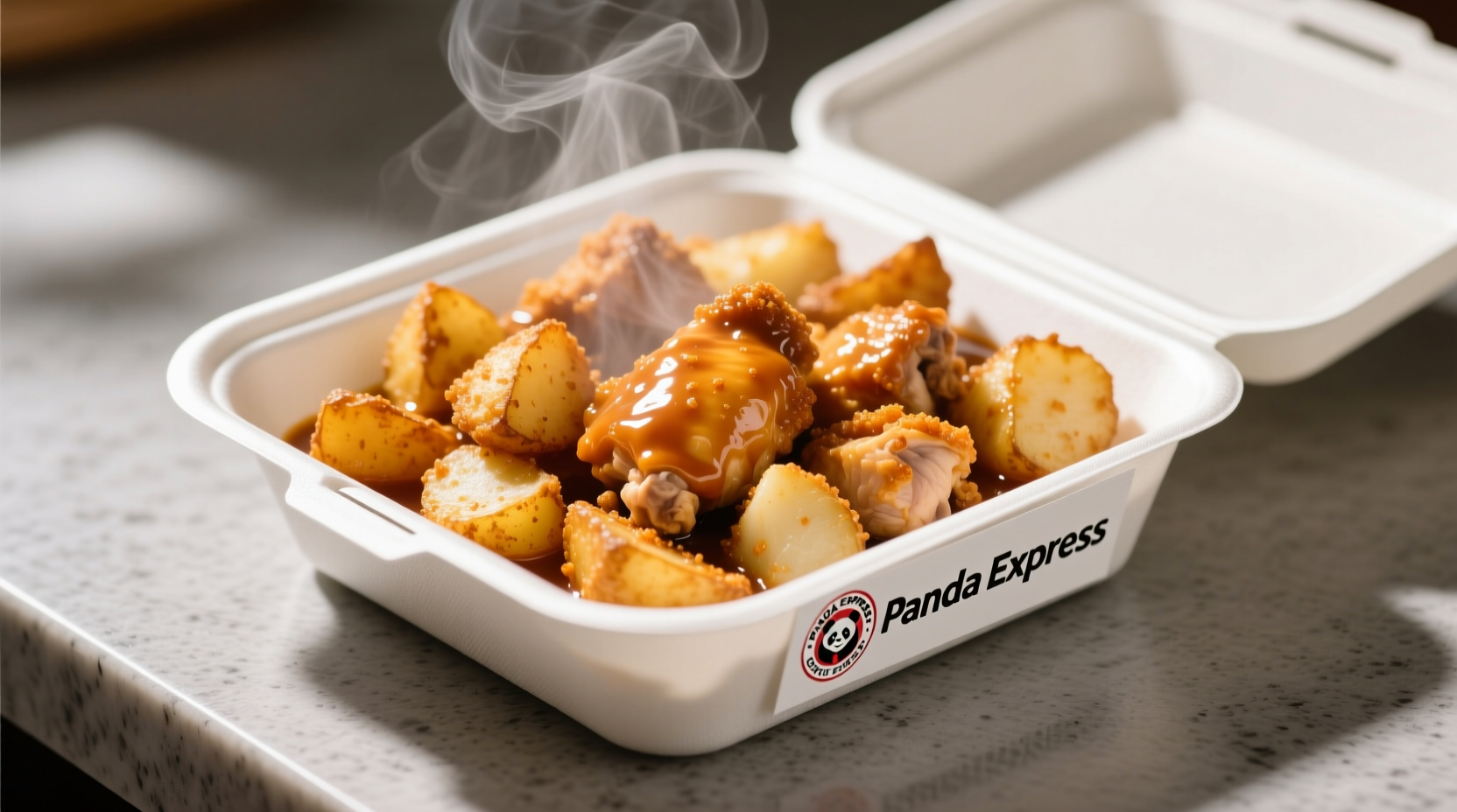 Panda Express Potato Chicken served in a white takeout container