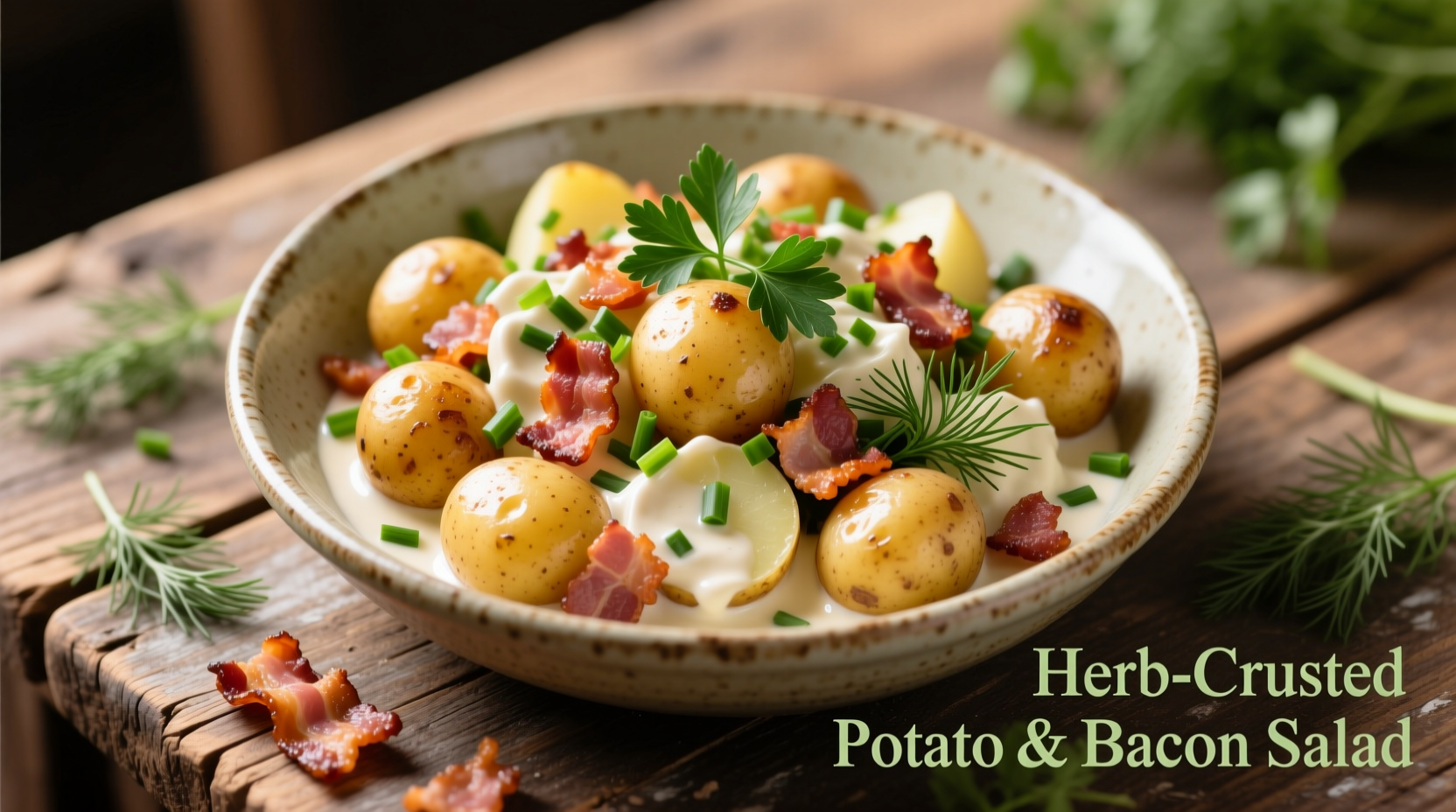 Creamy potato and bacon salad in serving bowl with fresh herbs