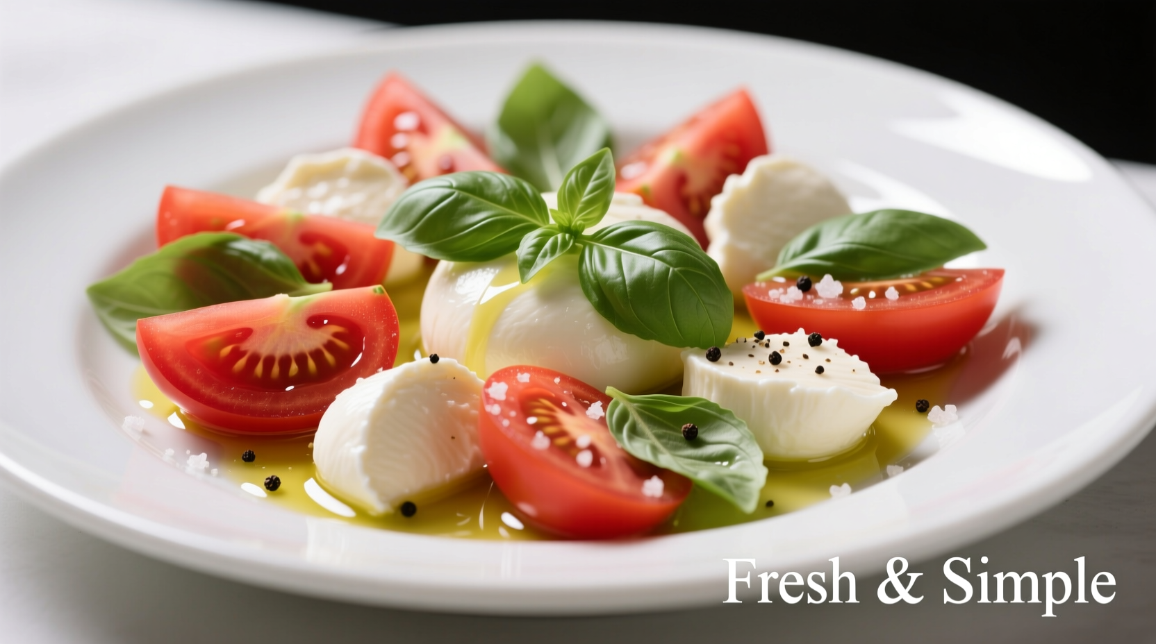 Tomato mozzarella basil appetizer arranged on white platter