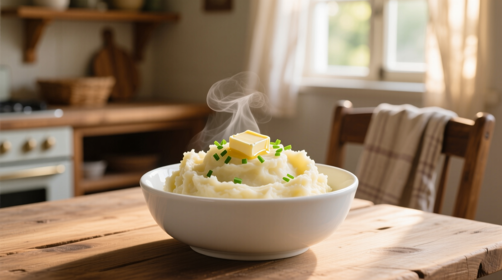 Creamy homemade mashed potatoes in white bowl