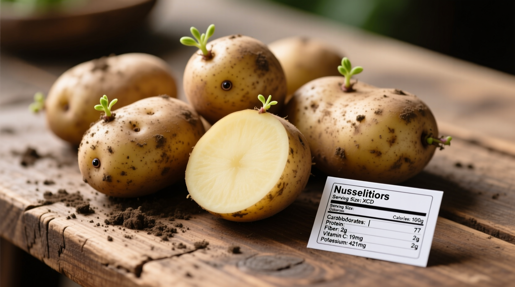 Nutrition facts of raw potatoes on wooden table
