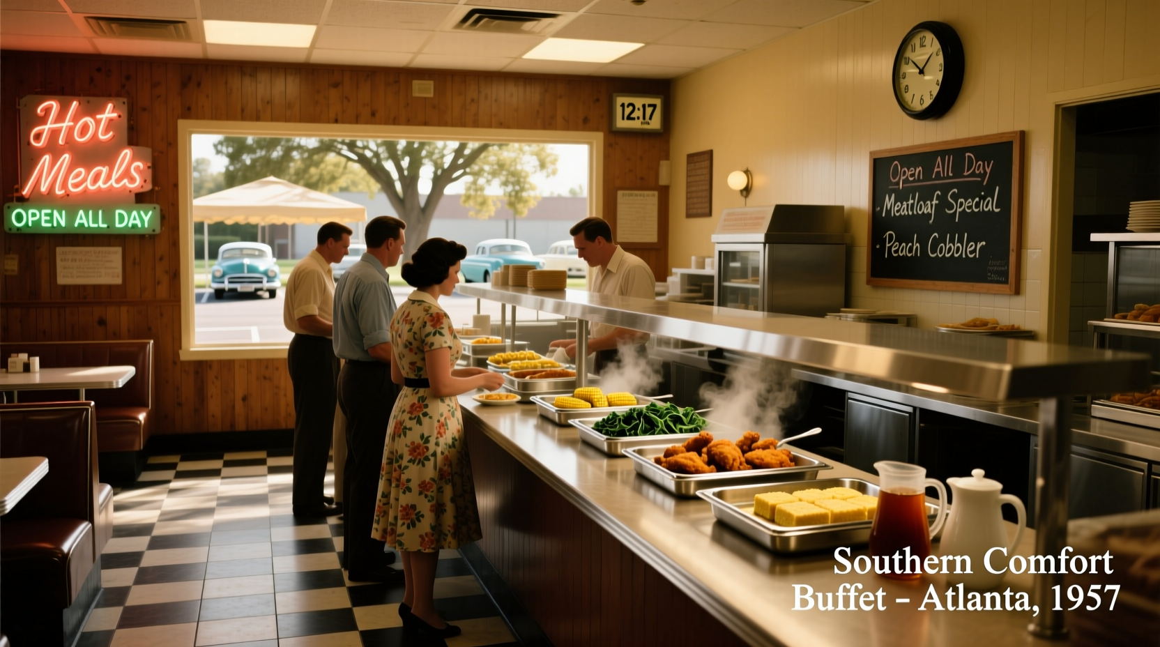 Historic photo of Southern buffet restaurant layout