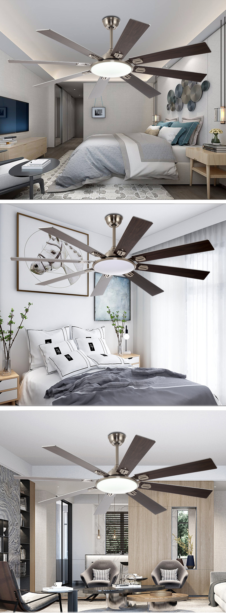 Breezelux big size 8 MDF blades DC motor 60'' ceiling fan with LED lamp