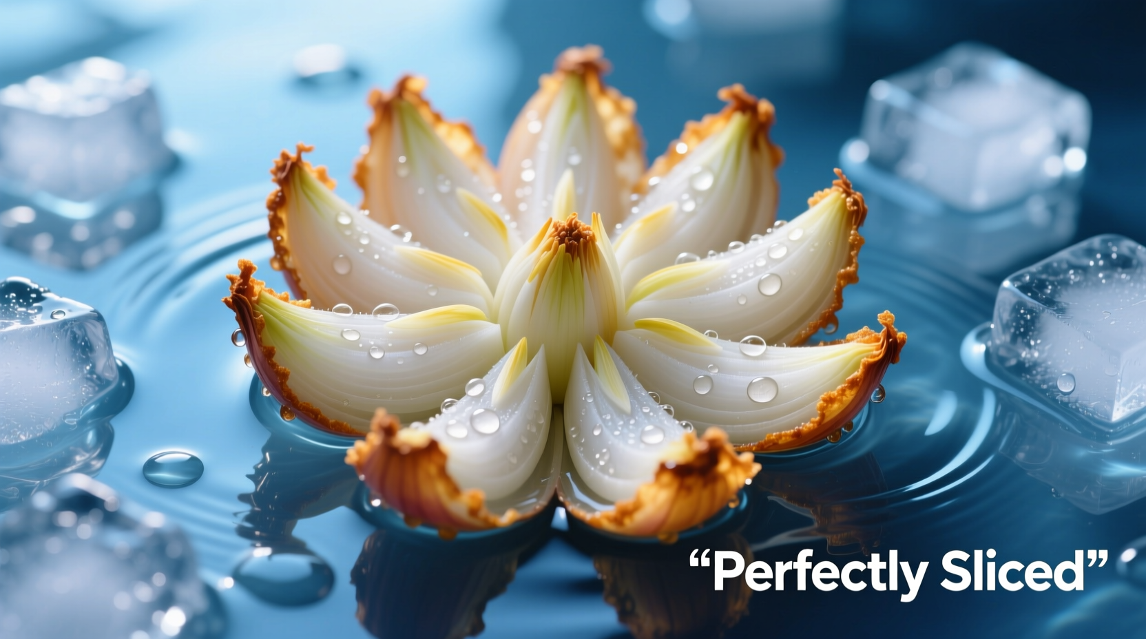 Perfectly sliced blooming onion in ice water bath