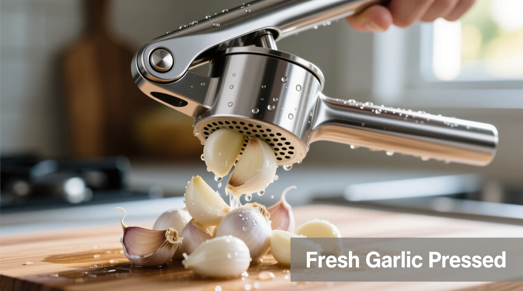 Stainless steel garlic press extracting fresh garlic cloves