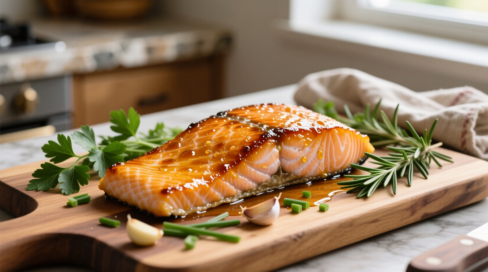 Golden baked honey garlic salmon fillet with fresh herbs