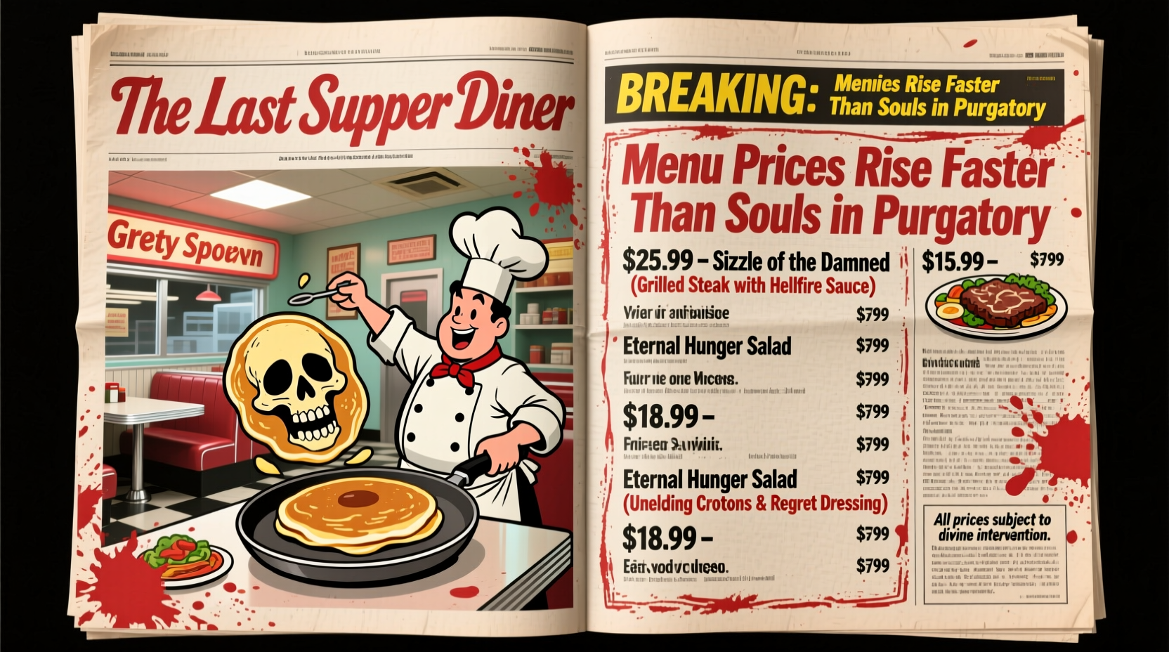 Satirical newspaper layout showing fictional restaurant menu
