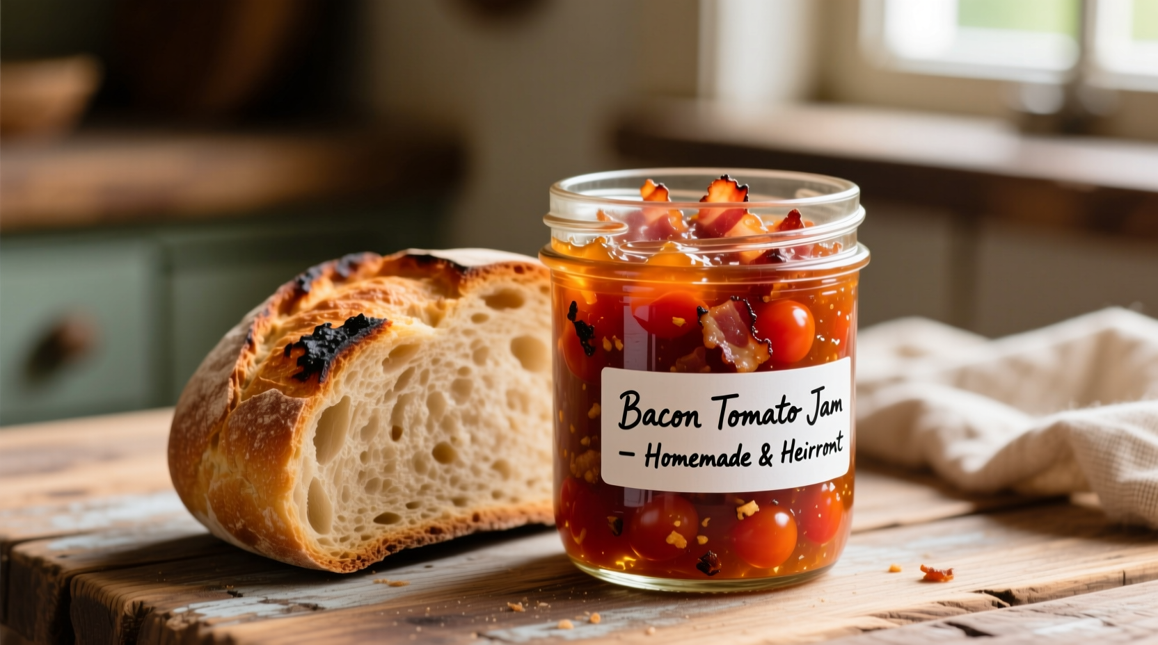 Homemade bacon tomato jam in mason jar with crusty bread