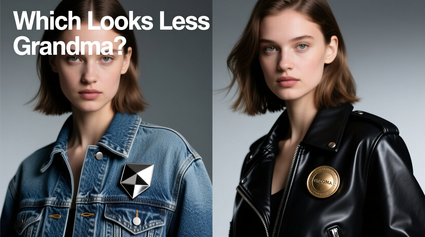 denim jacket with a brooch or leather jacket with a brooch which one looks less grandma