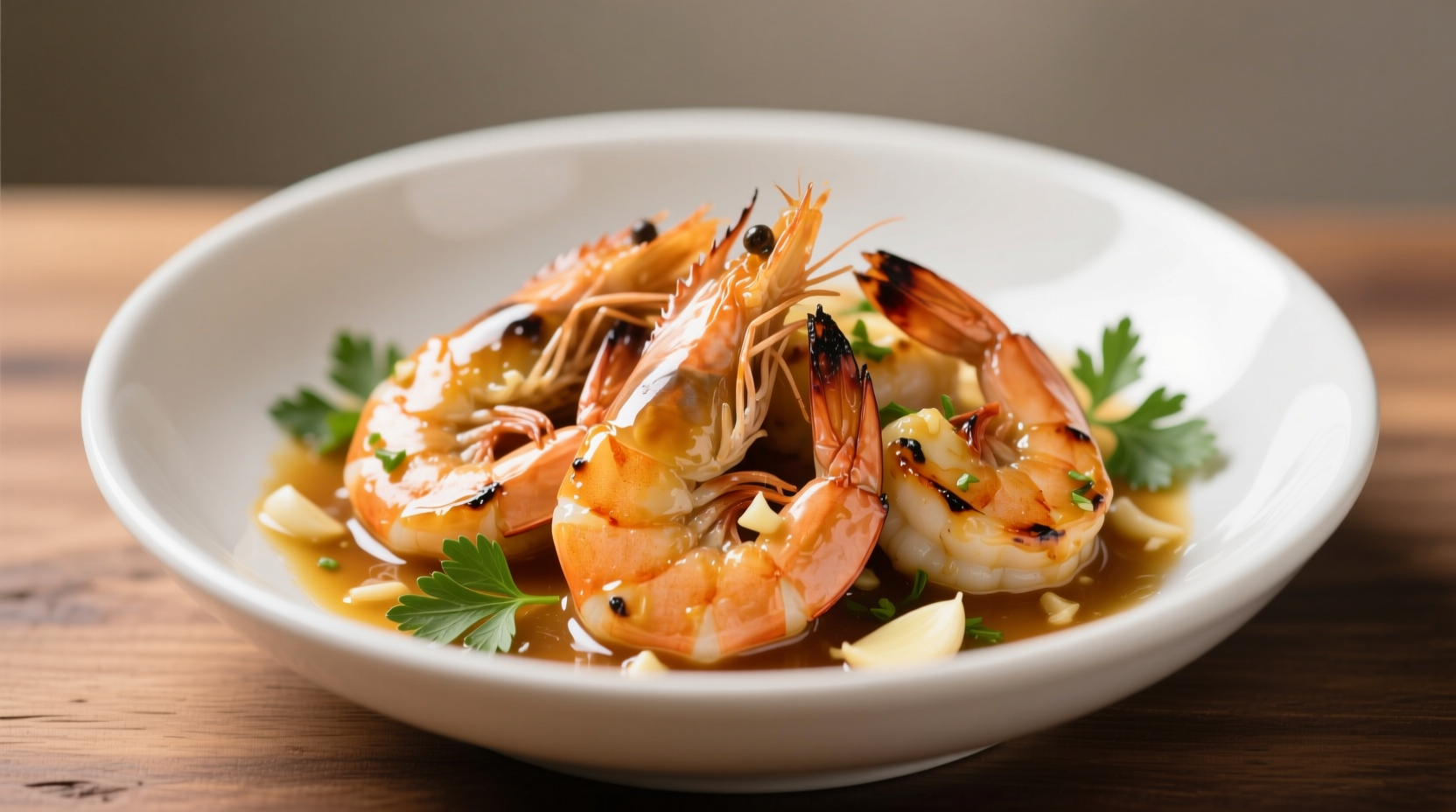 Perfectly cooked garlic shrimp in white ceramic dish