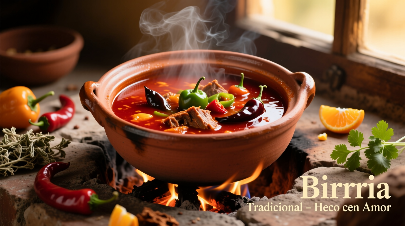 Traditional birria simmering in clay pot with chilies