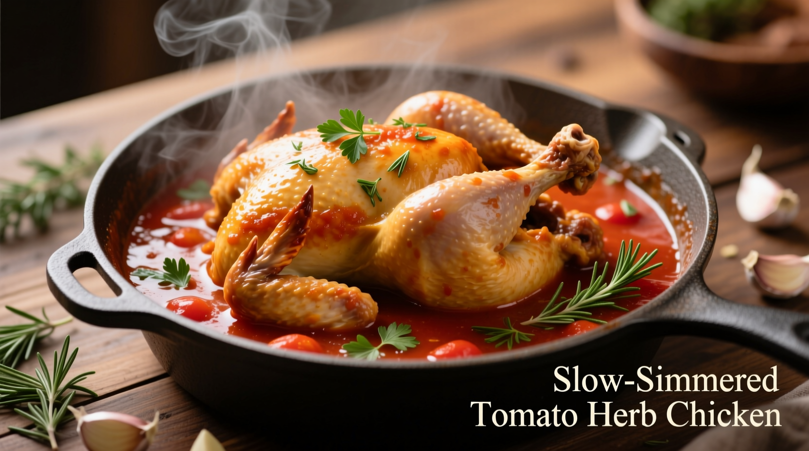 Chicken simmering in rich tomato sauce with herbs
