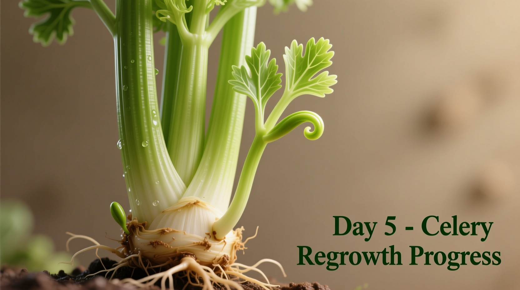 Celery regrowth progress at day 5 showing new shoots