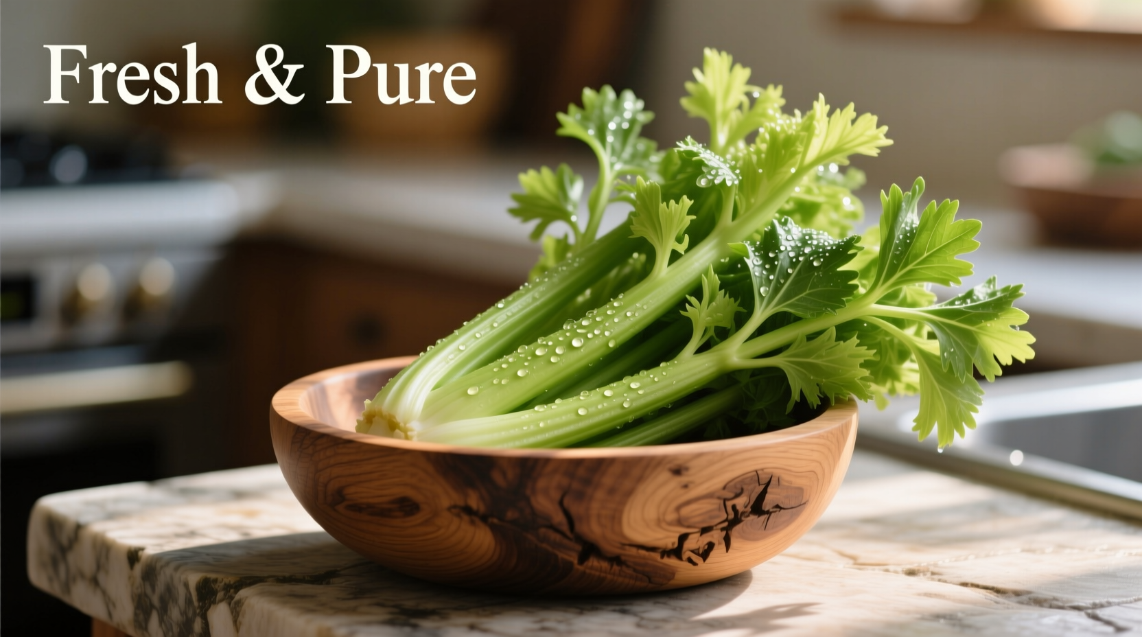 Fresh celery greens in a wooden bowl