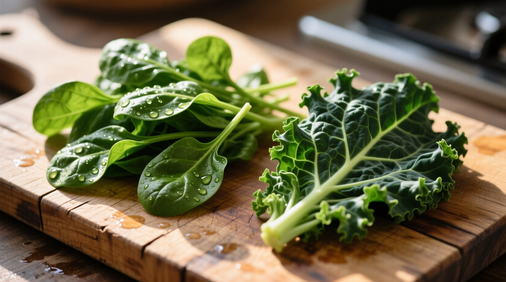 Fresh spinach and kale side by side on wooden cutting board