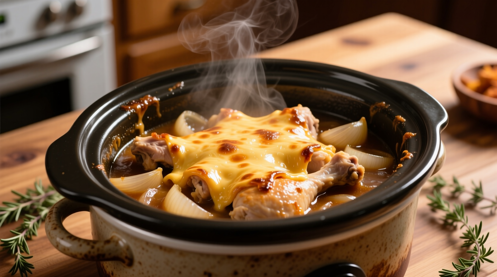 French onion chicken crock pot with melted cheese topping