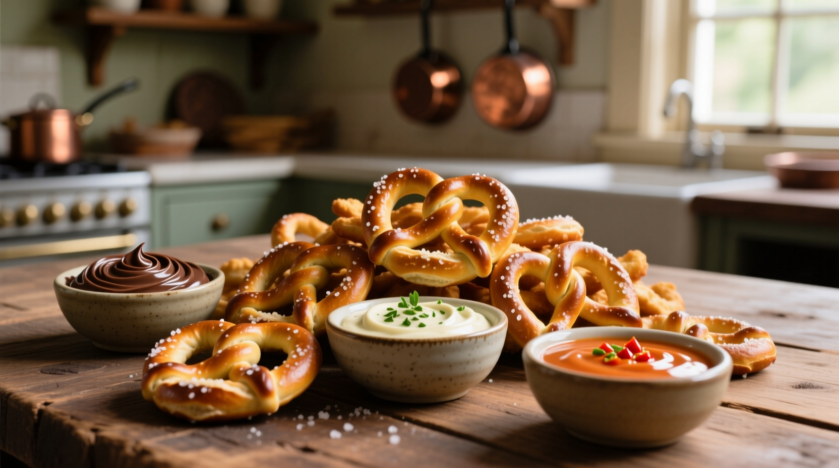 Pretzel bites with three dipping sauces in small bowls