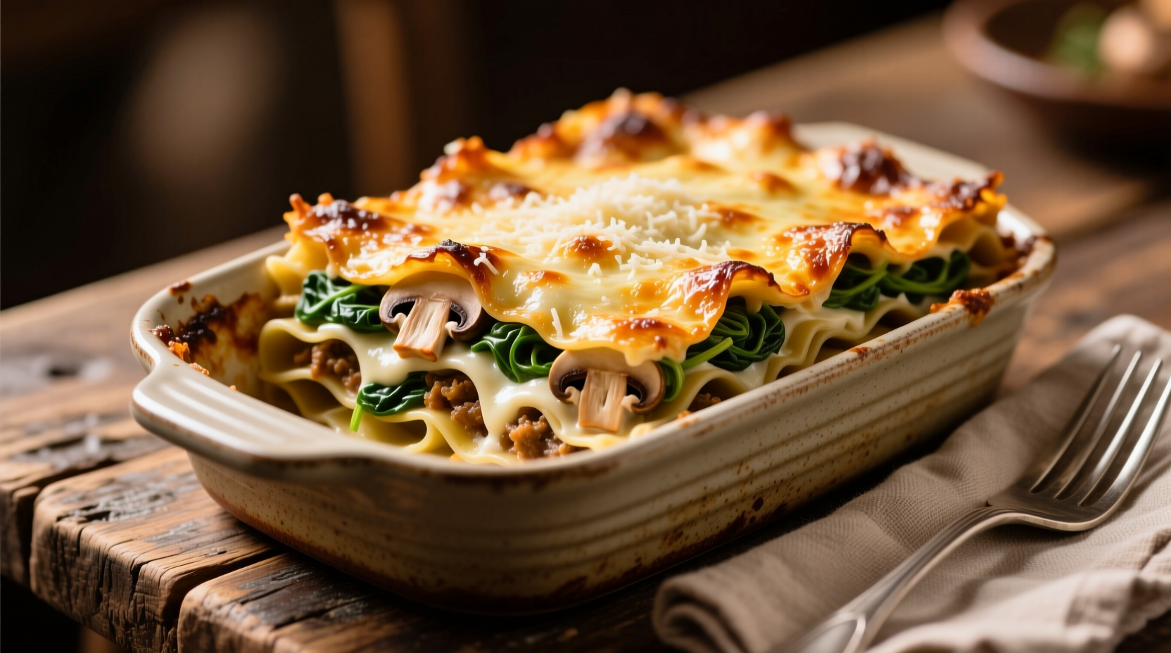 Layered chicken mushroom spinach lasagna with golden cheese top