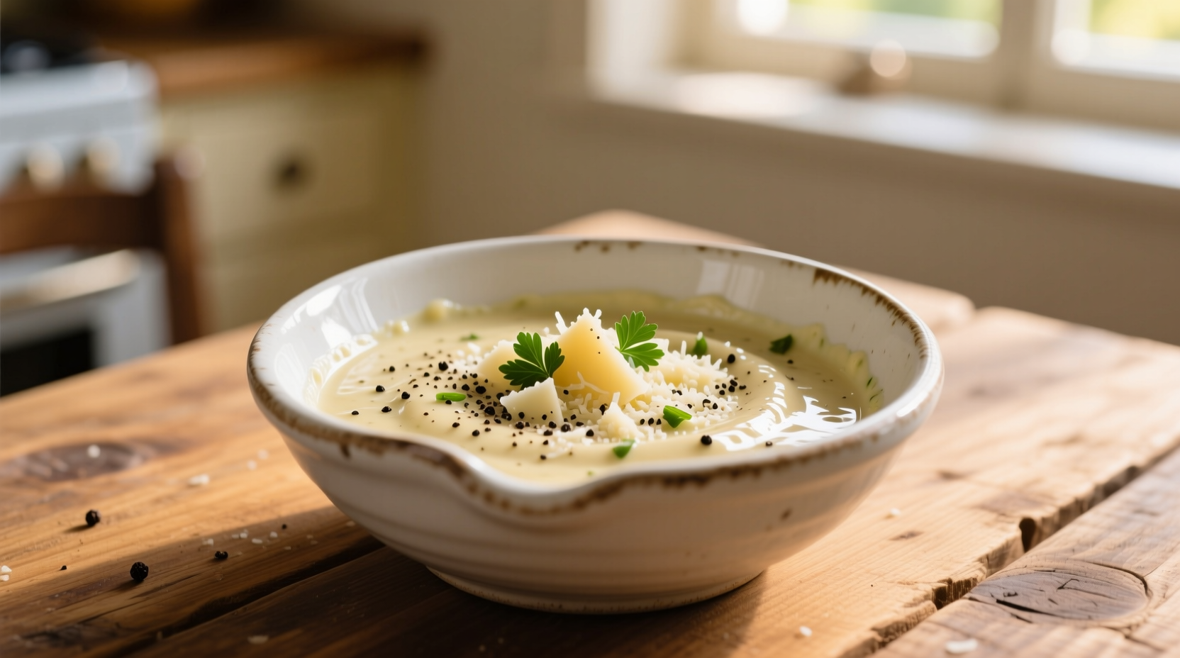 Homemade garlic parmesan sauce in white ceramic bowl