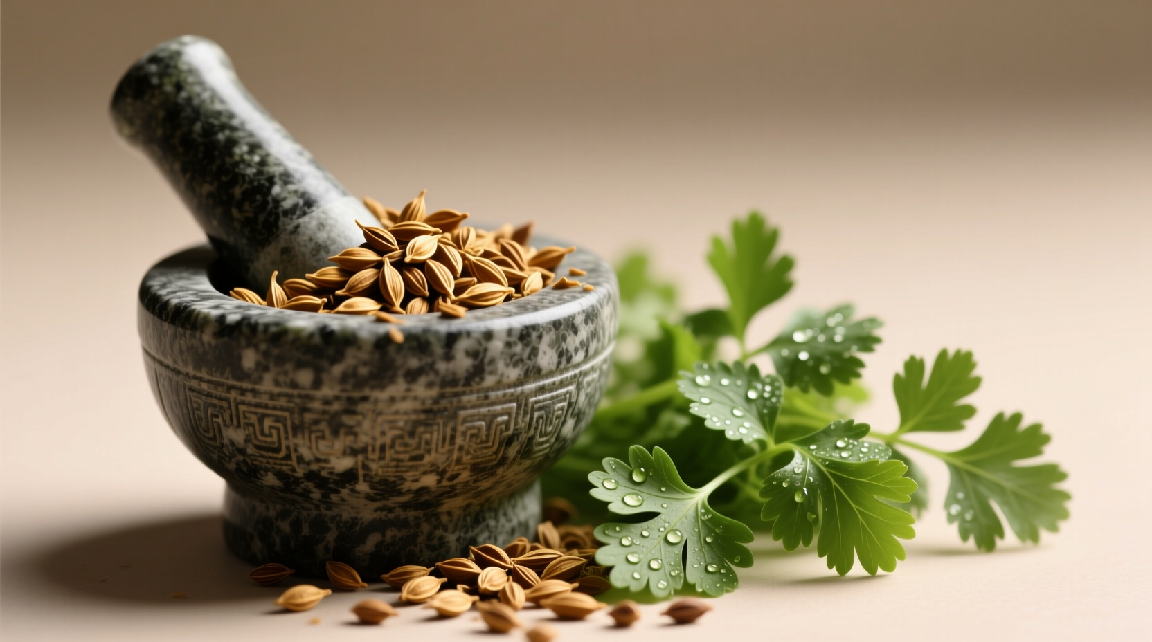 Close-up of golden-brown coriander seeds in mortar next to fresh cilantro leaves showing visual contrast