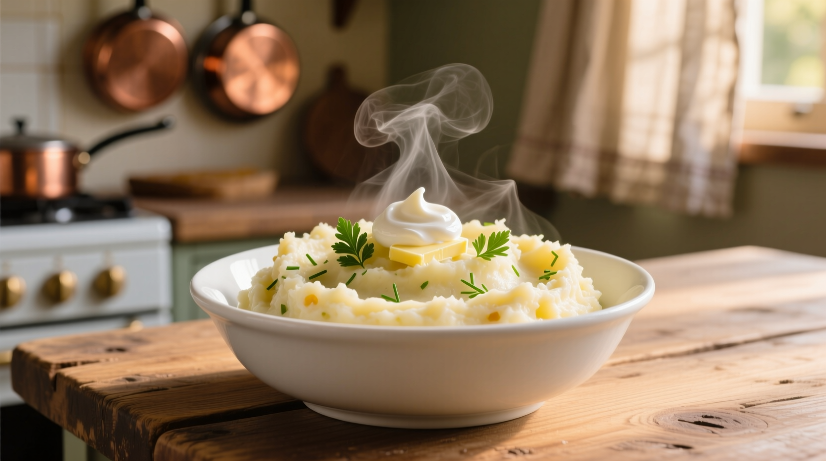 Creamy homemade mashed potatoes in white bowl