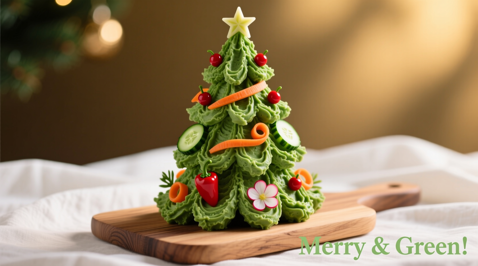 Spinach dip shaped as Christmas tree with vegetable ornaments