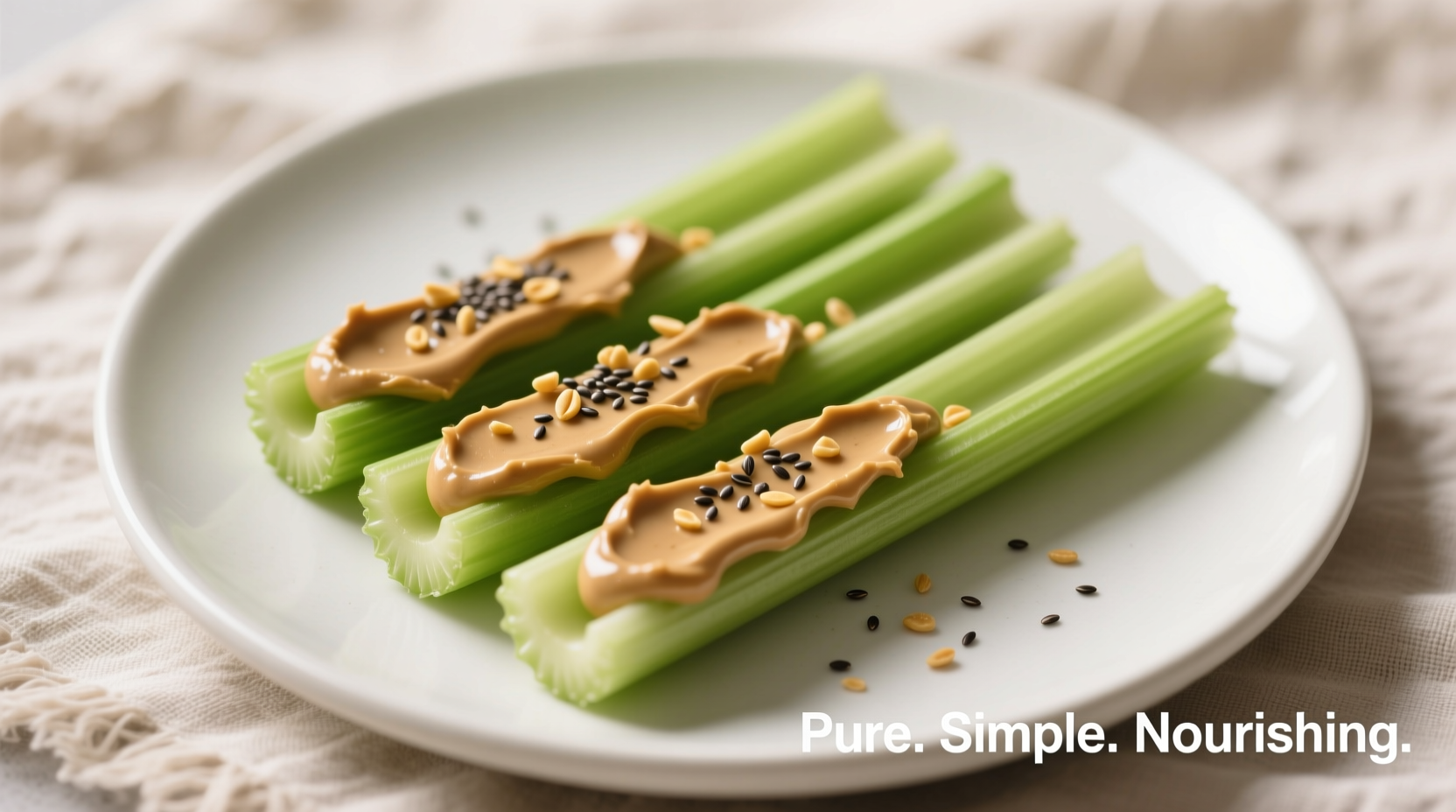 Celery sticks filled with natural peanut butter and topped with chia seeds
