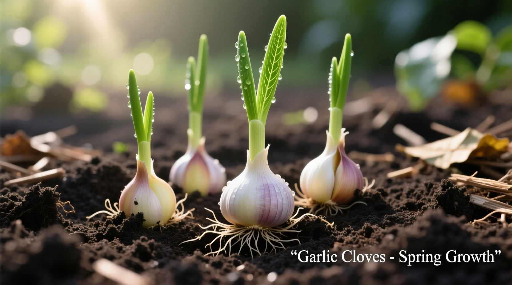 Garlic cloves planted in garden soil with green shoots emerging