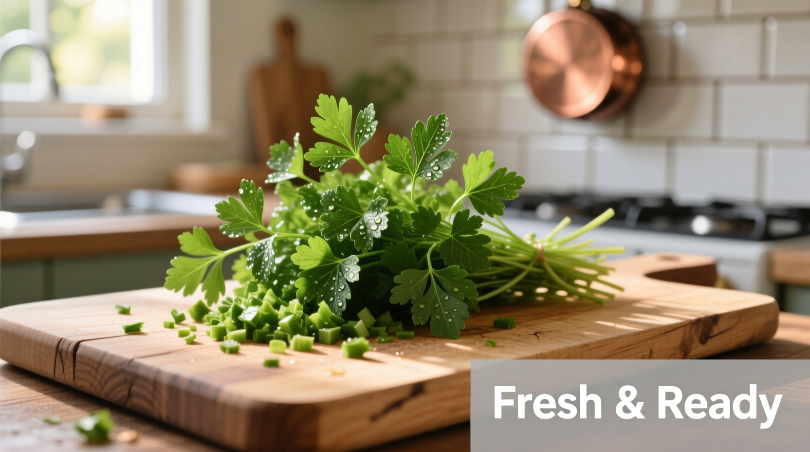 Fresh parsley bunch with chopped leaves on cutting board
