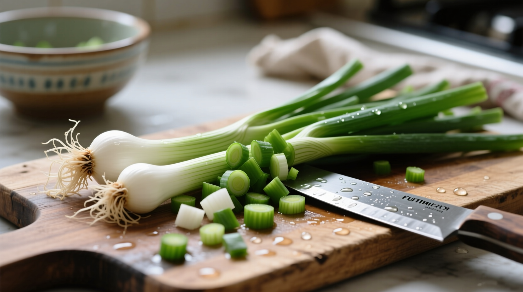 Chopped green onions showing white bulb and green stalks