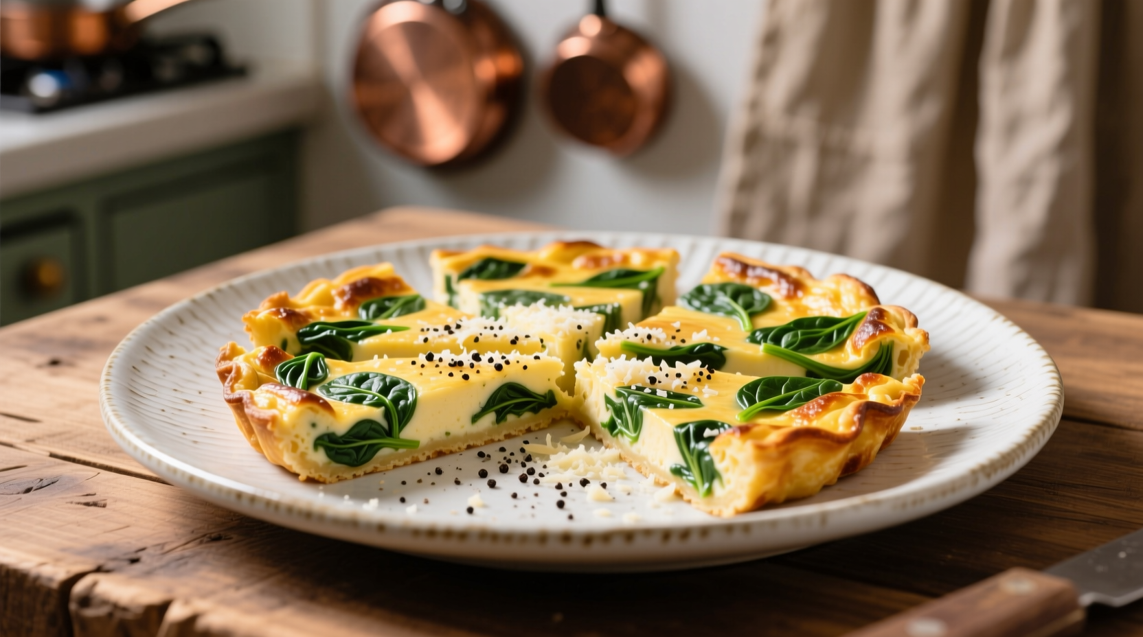 Golden spinach frittata sliced on ceramic plate