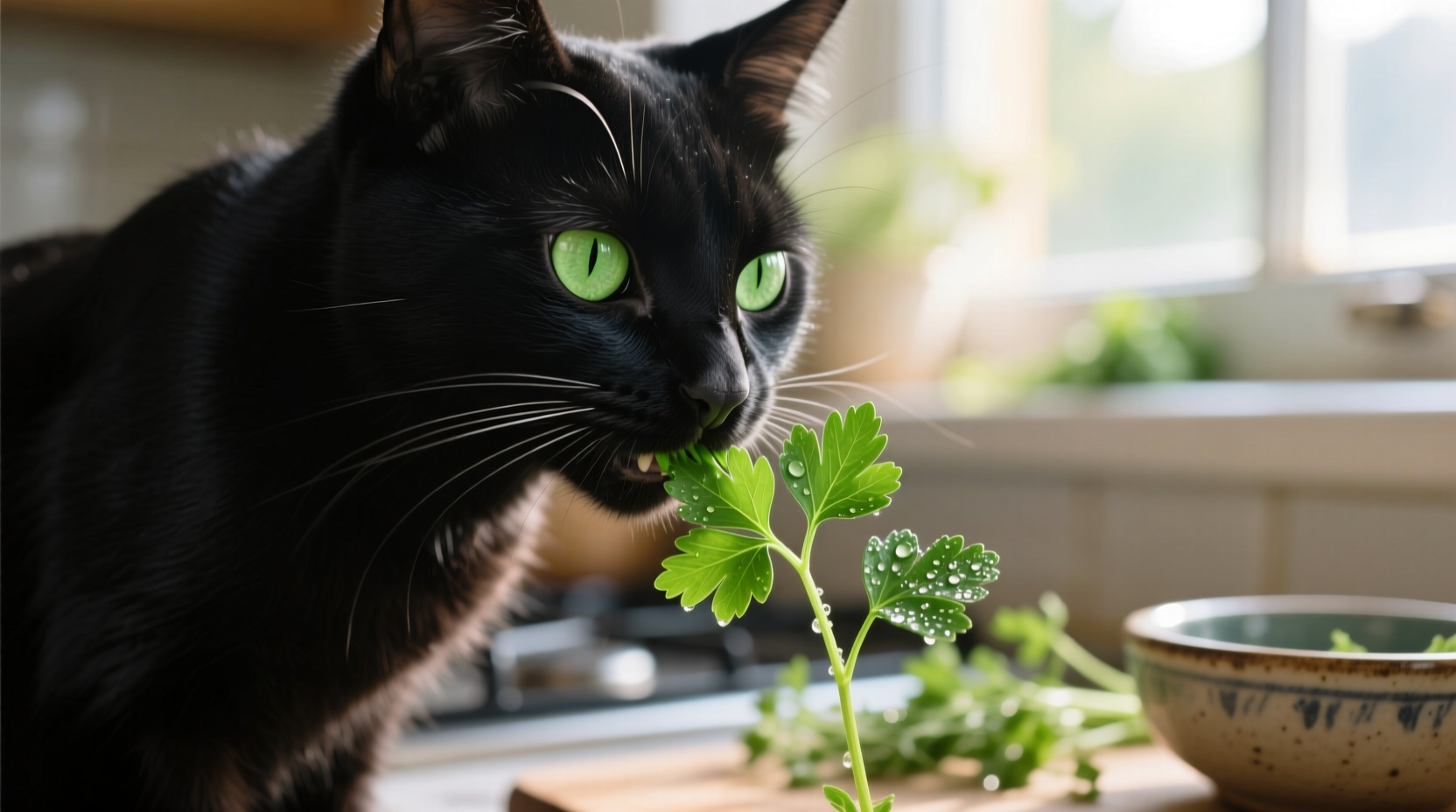 Cat cautiously nibbling fresh parsley sprig