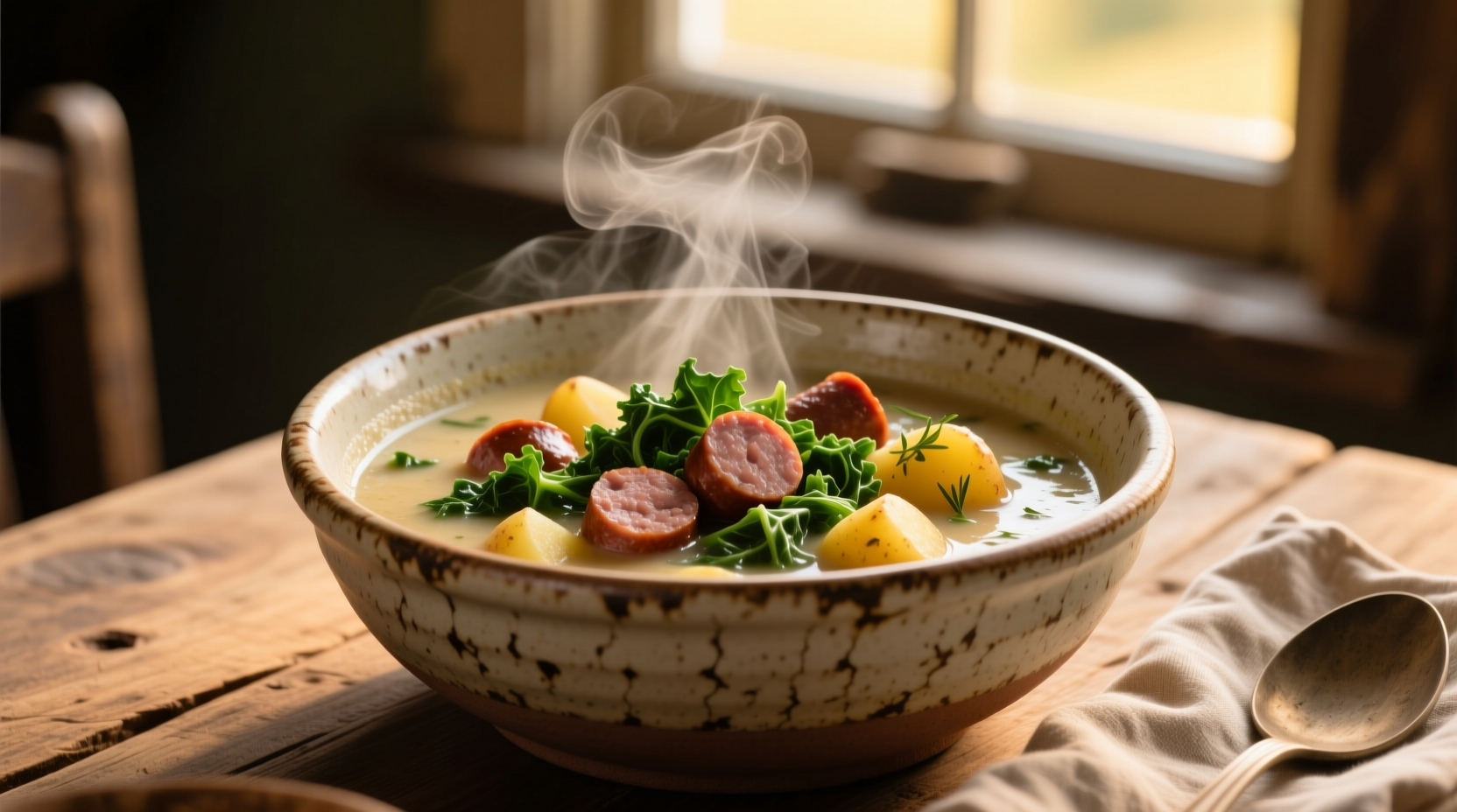Kale sausage potato soup in rustic bowl