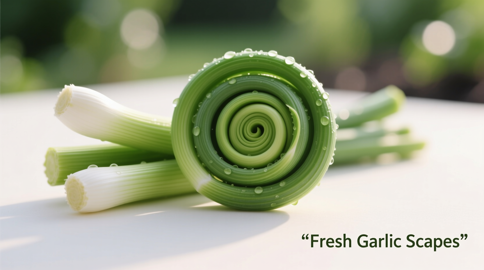 Fresh garlic scapes with curly green stalks