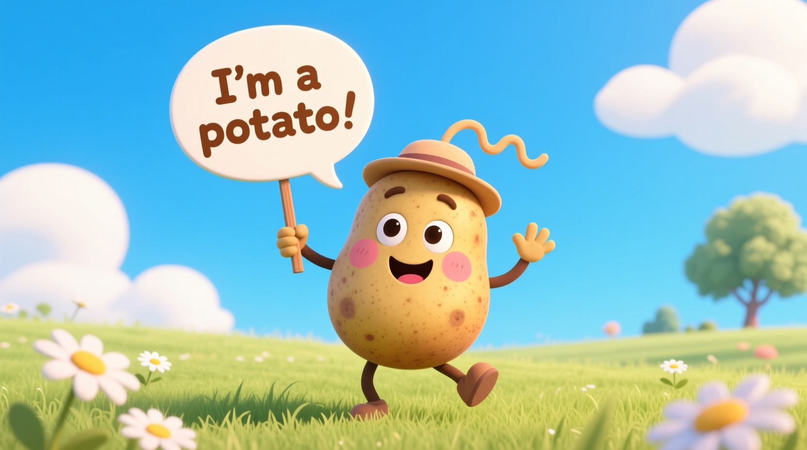 Cartoon potato character with speech bubble saying I'm a potato
