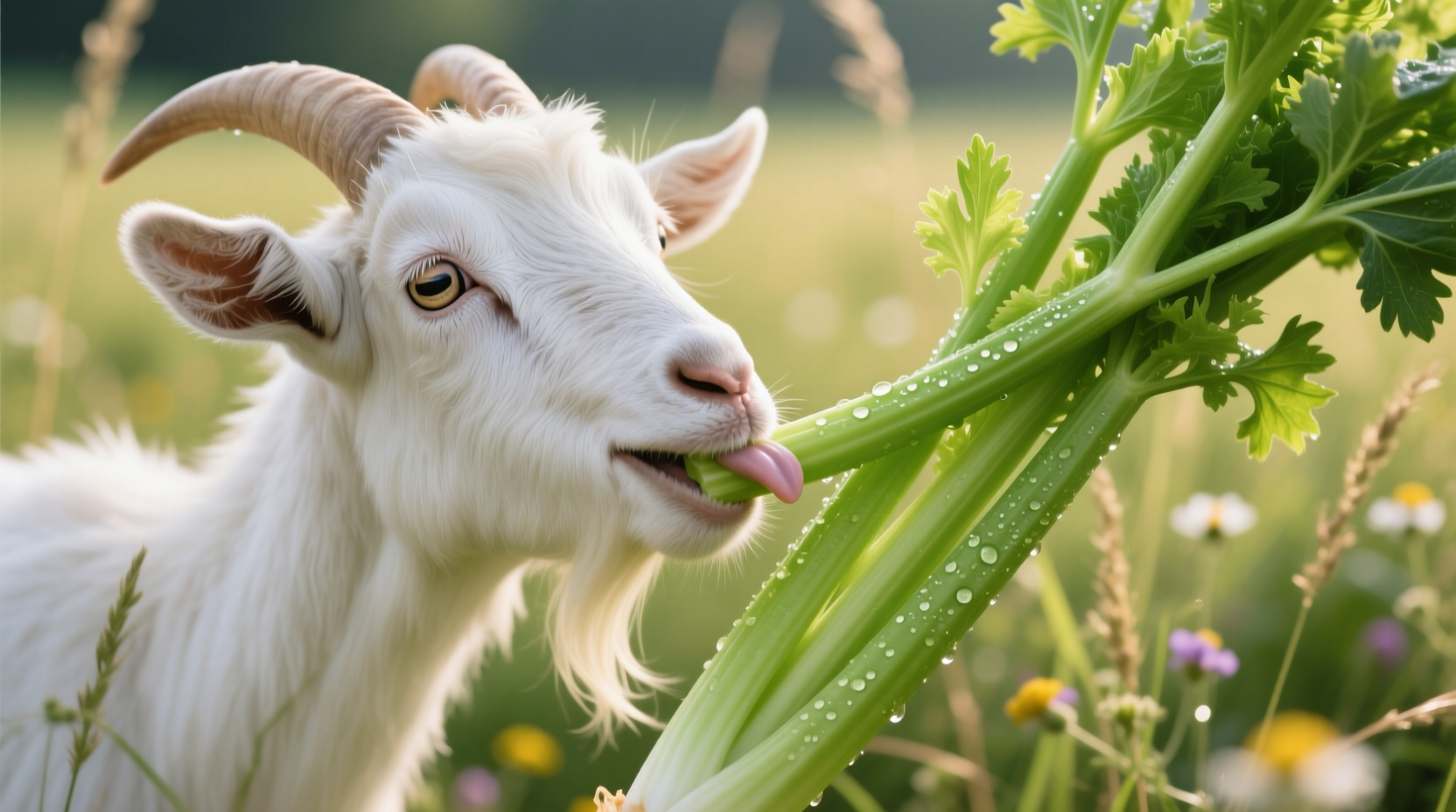 Goat nibbling on fresh celery stalks