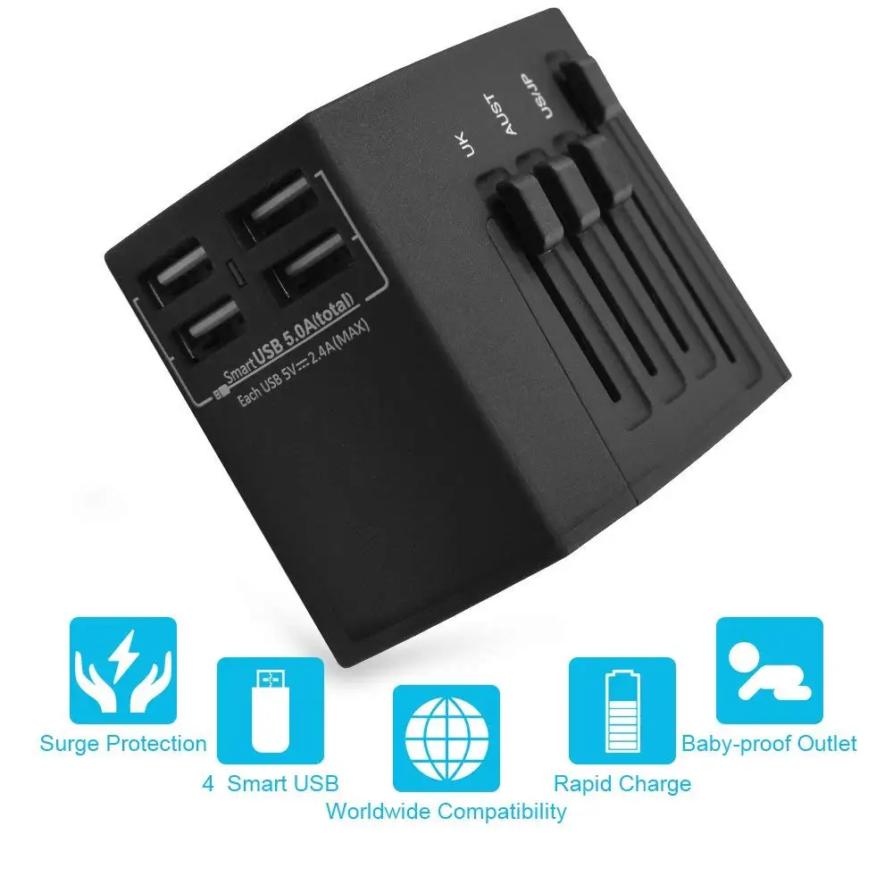 budi factory manufacturing new designed worldwide plugs ac dc socket universal power adapter 4usb 5v 2.4a global travel charger
