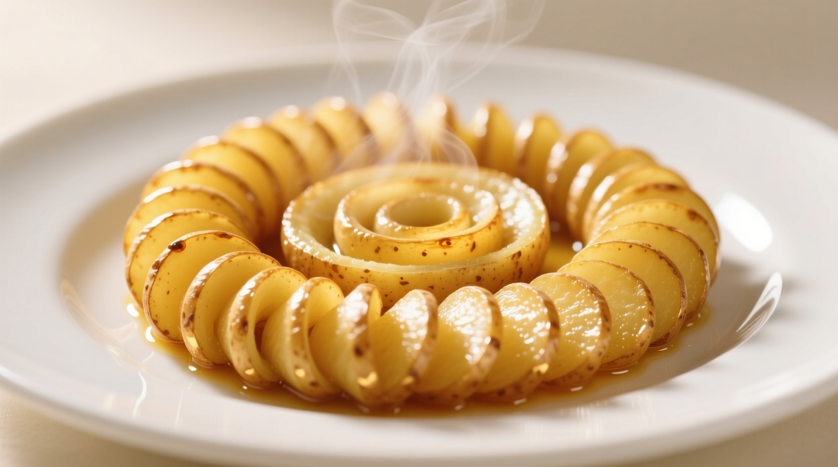 Perfectly golden potato spirals on a white plate