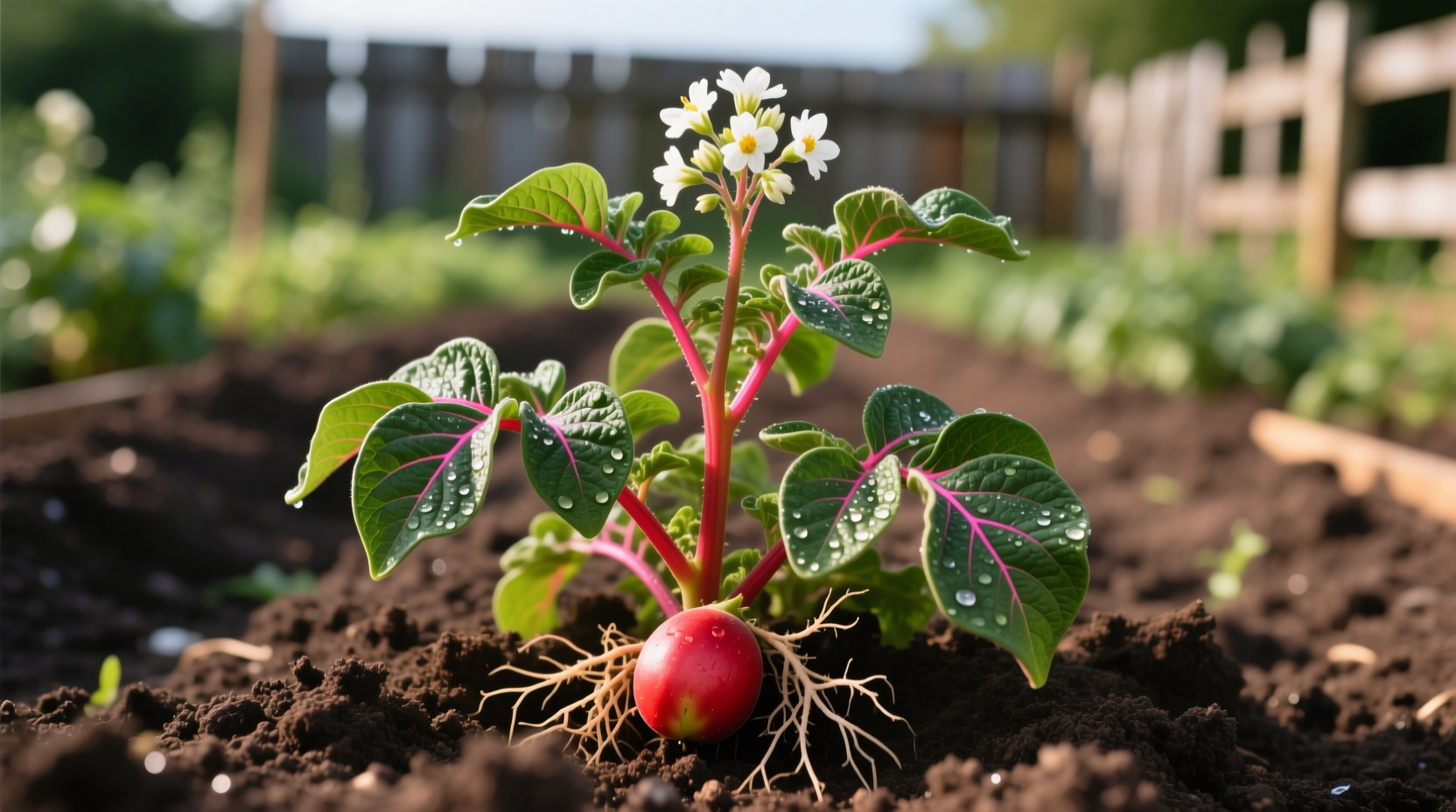 Red potato plant growing in garden soil