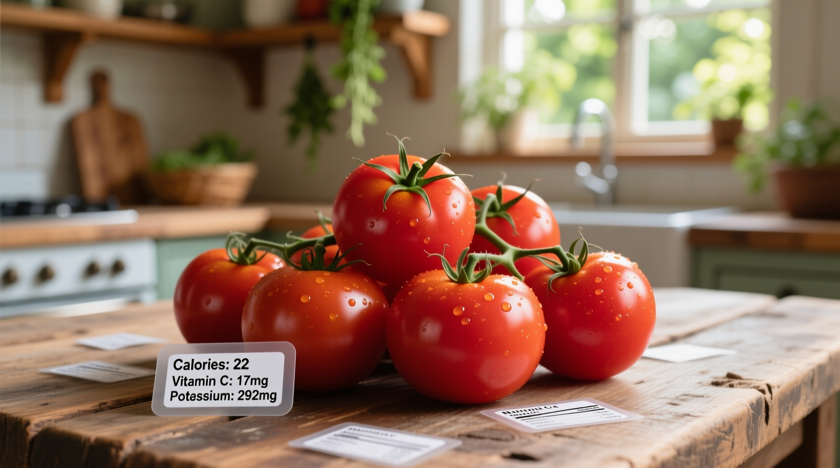 Fresh red tomatoes on wooden table with nutritional facts