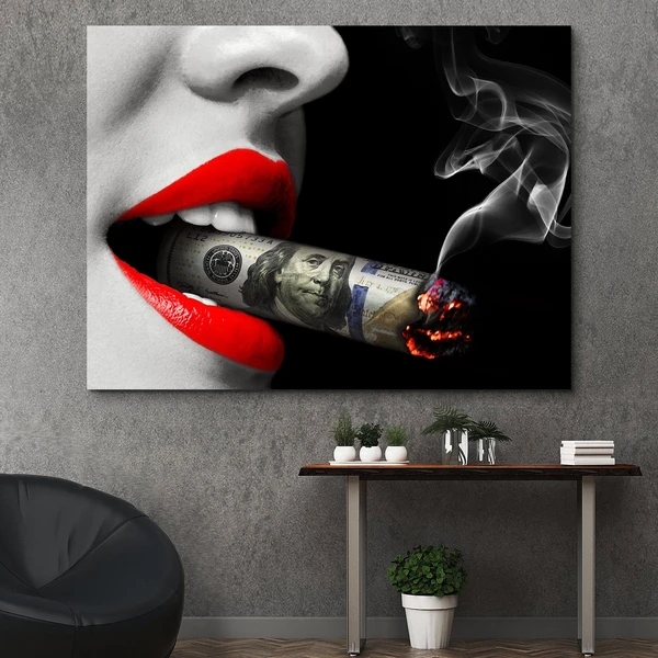 Fashion Modern Sexy Women Red Lips Smoking Cigar Money Decor Painting for Bed Living Room Factory Custom