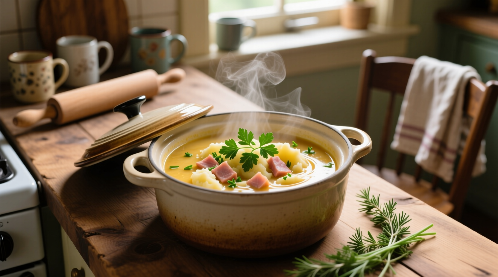 Creamy potato ham soup in crock pot with fresh herbs