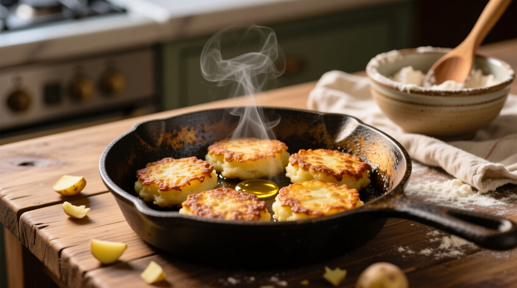 Golden brown potato cakes on cast iron skillet