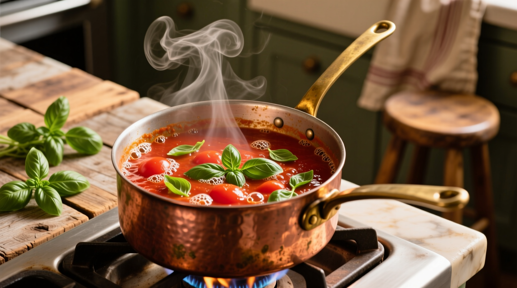 Fresh tomato basil sauce simmering in copper pot