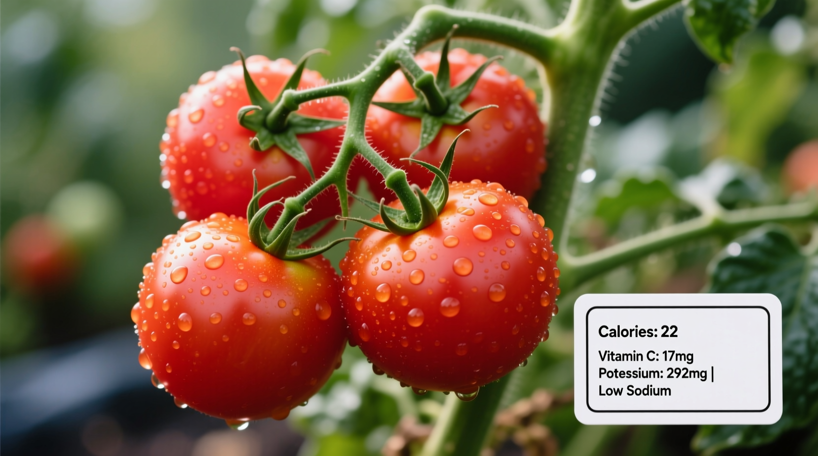 Fresh red tomatoes on vine with nutritional information