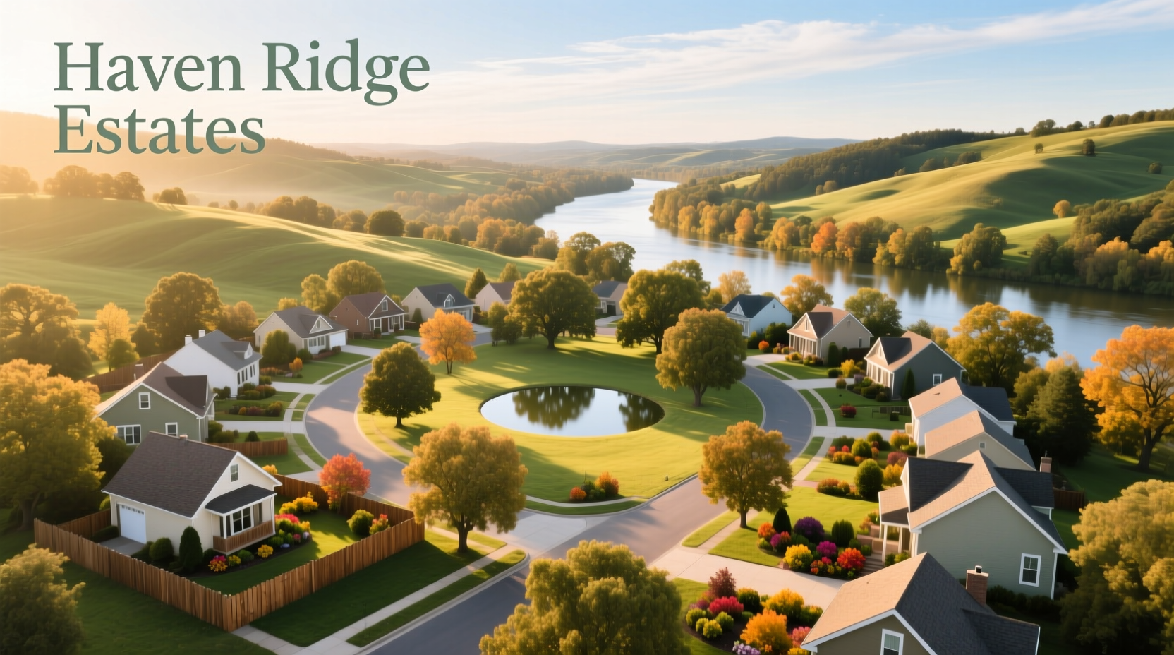 Aerial view of suburban neighborhood with rolling hills