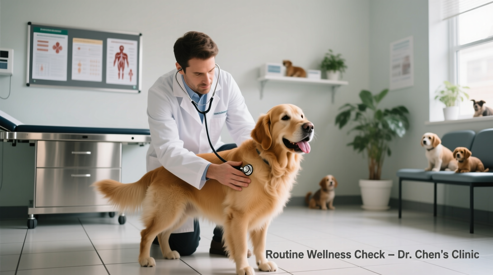 Veterinarian examining dog during routine checkup