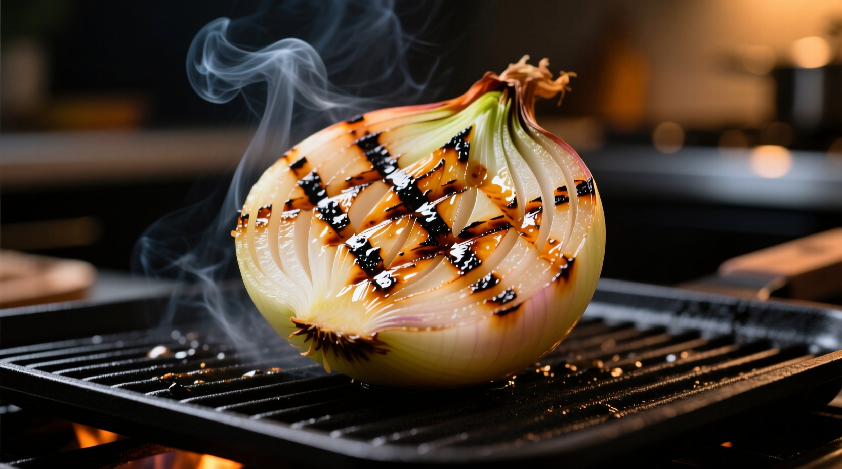 Grilled onions with perfect char marks on black grill