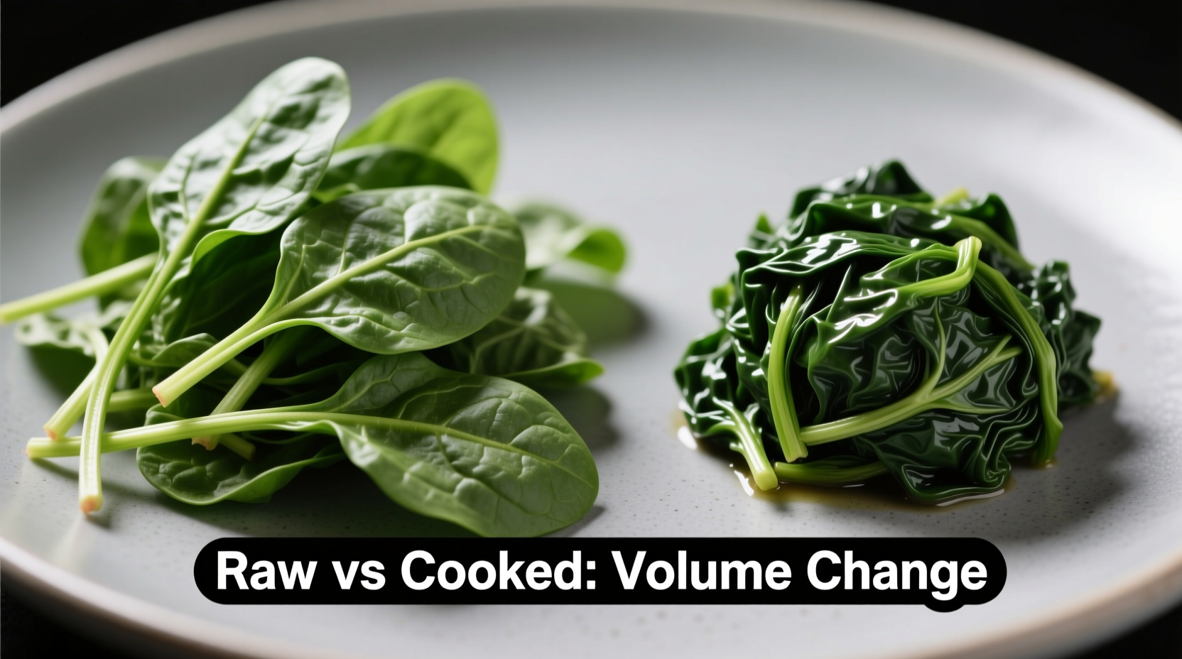 Raw spinach leaves next to cooked portion showing volume difference